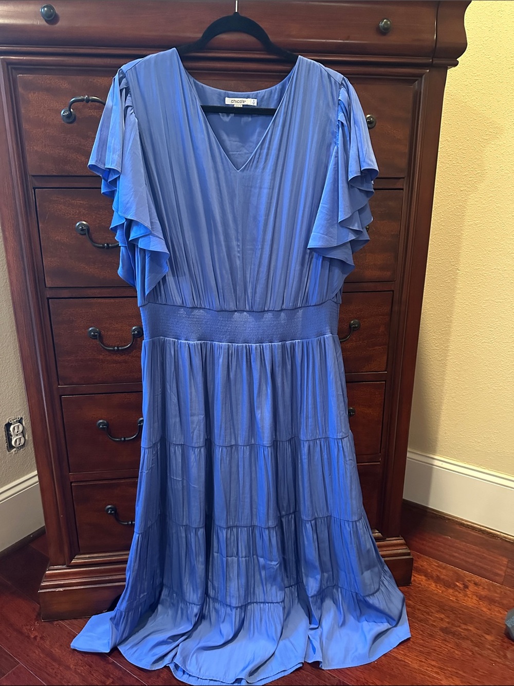Chico's Blue V-Neck Ruffled Midi Dress